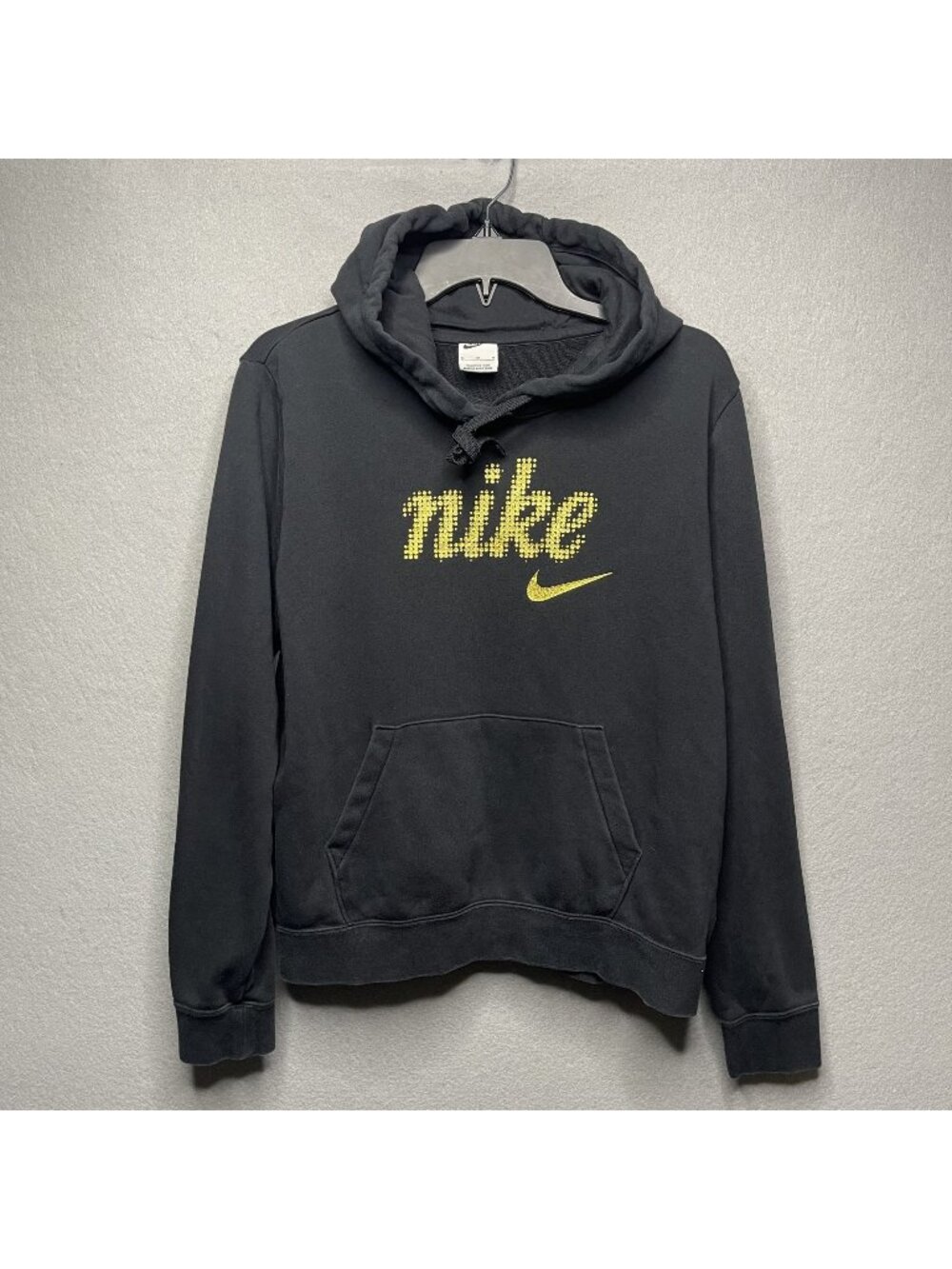 Nike Sportswear Club Fleece Black Pullover Hoodie Yellow Dotted Logo Womens M